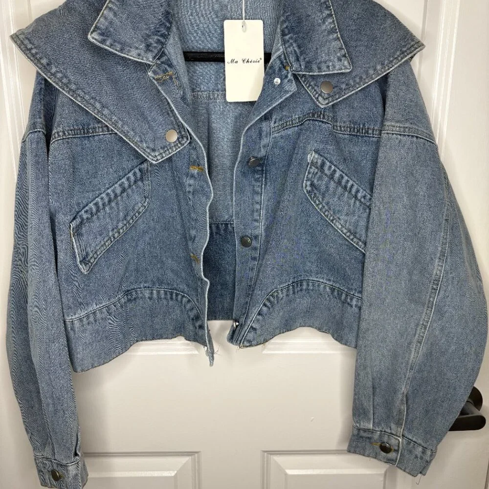 Bold Bib Collar Blue Jean Jacket – Trendy Cropped Cut - Picture 6 of 15